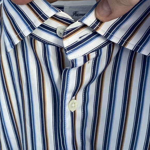 Faconnable Club Fit Striped Long Sleeve Button Down Shirt. White/Tan/Blue. Sz. L - Picture 8 of 16